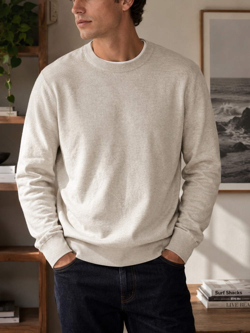 GAP Men’s Small Beige Oatmeal Cotton Crewneck Sweater Minimalist Classic